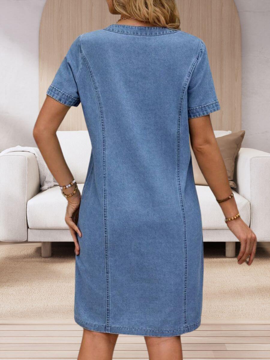 AURORA / SHORT SLEEVE DENIM V-NECK DRESS